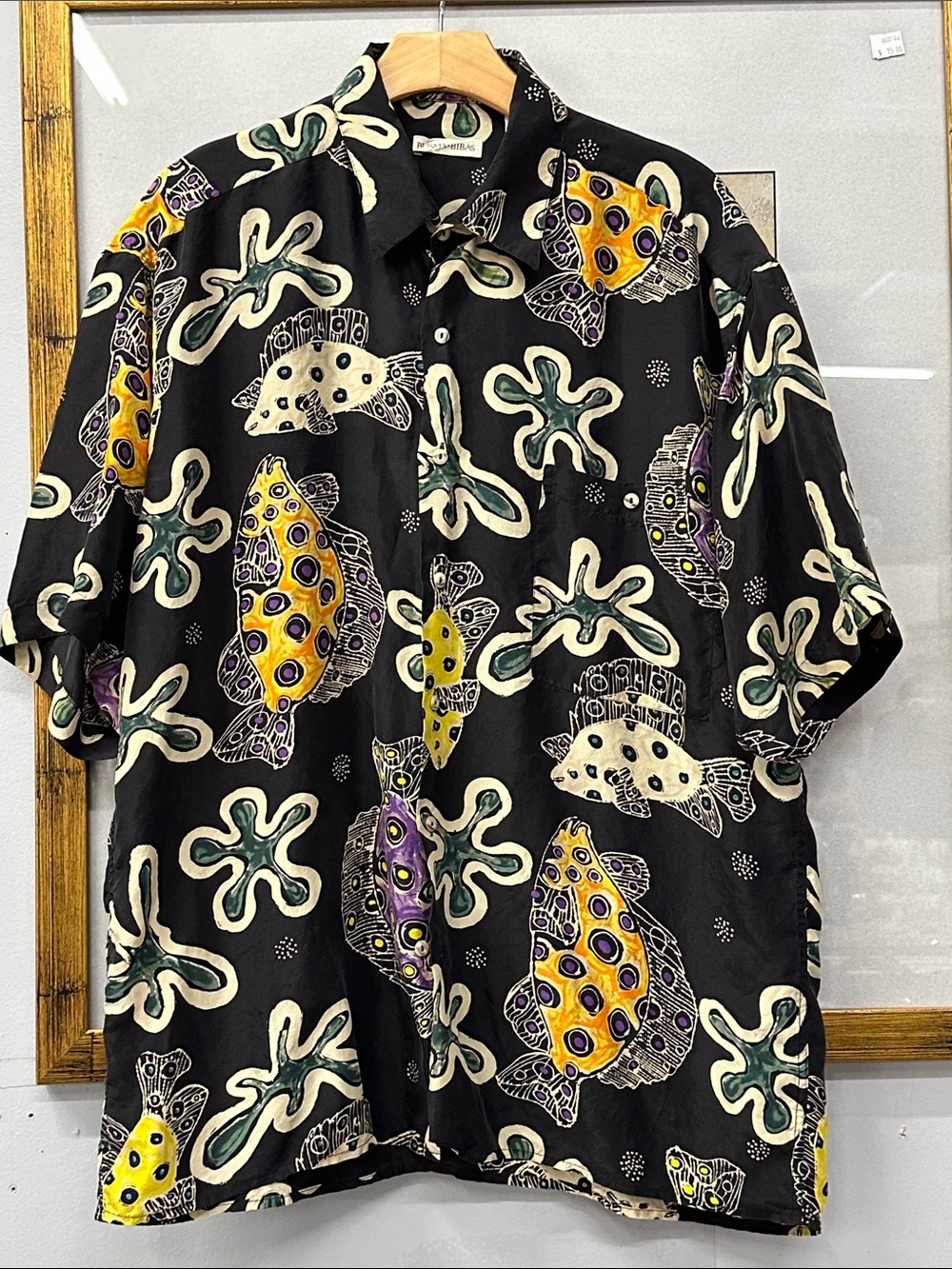 Vintage Burma Bibas Black Button-Up Shirt with Yellow & Purple Fish Print